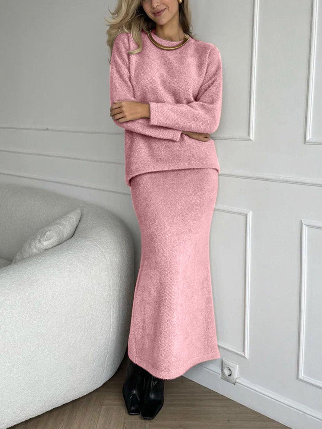 Round Neck Dropped Shoulder Top and Midi Skirt Sweater Set - Znvia