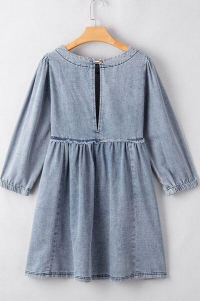 Cutout Round Neck Balloon Sleeve Denim Dress - Znvia