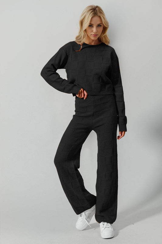 Double Take Full Size Checkered Round Neck Top and Pants Set - Znvia