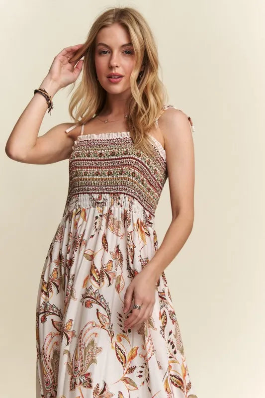 Smocked Printed Square Neck Tie Shoulder Cami Dress - Znvia