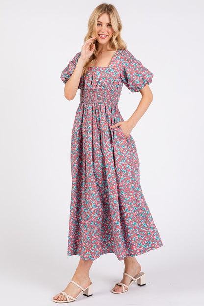 Smocked Floral Square Neck Puff Sleeve Midi Dress - Znvia