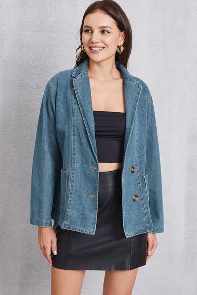 Pocketed Button Up Denim Jacket - Znvia