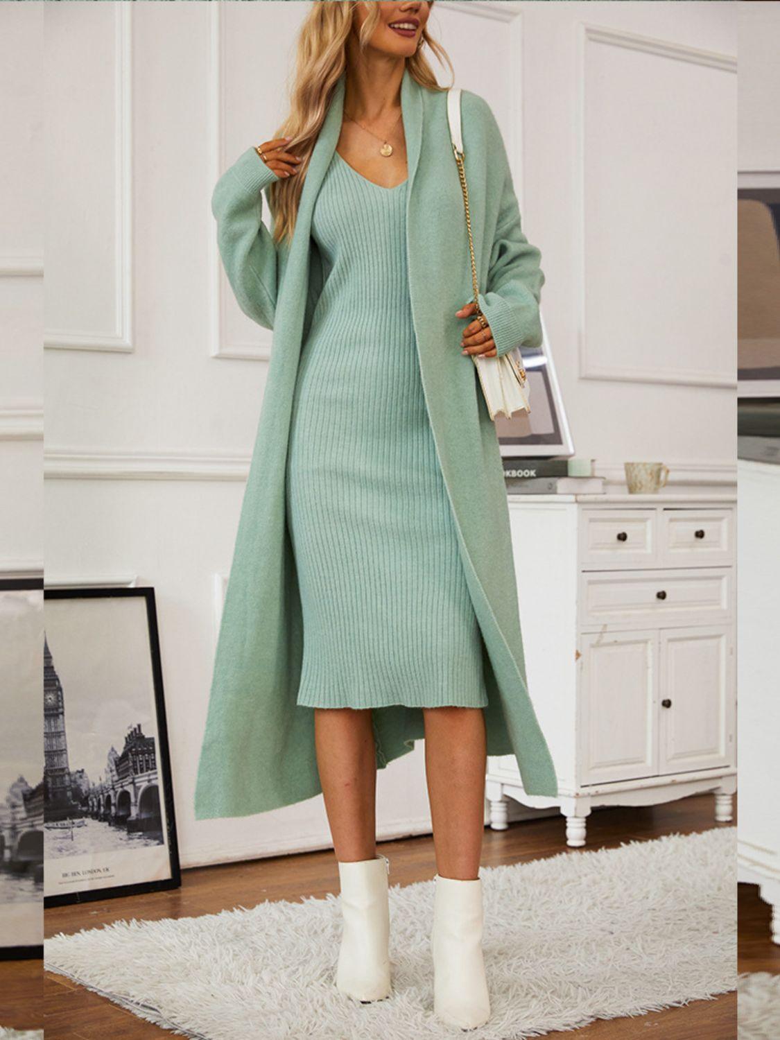 V-Neck Cami Dress and Open Front Cardigan Sweater Set – Effortless Elegance, Everyday Comfort - Znvia