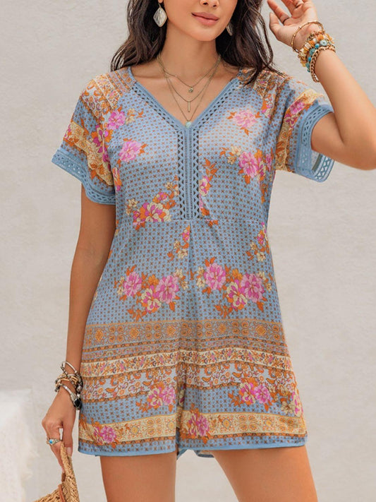 Printed V-Neck Short Sleeve Romper - Znvia