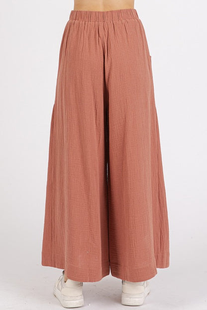 Gauze Elastic Waist Pleated Wide Leg Pants - Znvia