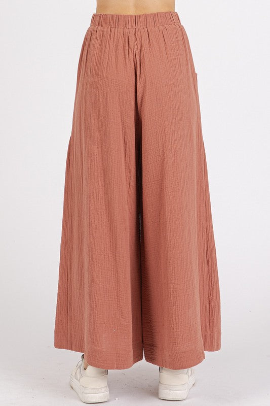 Gauze Elastic Waist Pleated Wide Leg Pants - Znvia