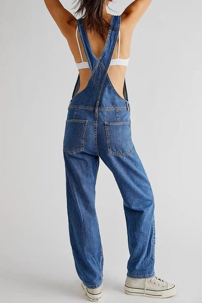 Wide Strap Square Neck Denim Overalls - Znvia