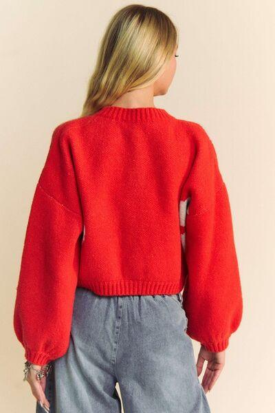 Flower Contrast Round Neck Long Sleeve Cardigan - Znvia