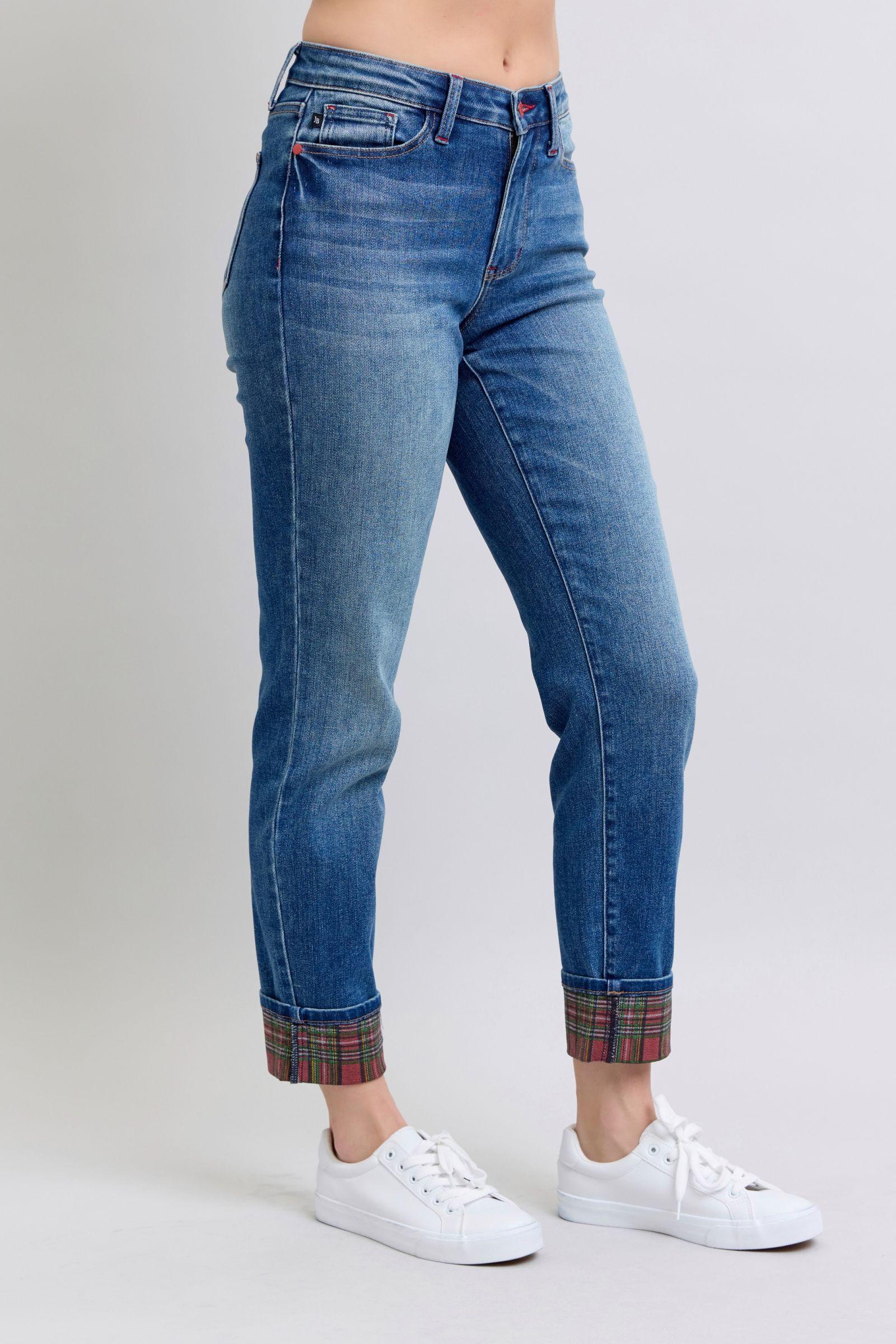 Full Size Plaid Print Cuff Straight Leg Jeans with Pockets – Where Classic Meets Contemporary - Znvia