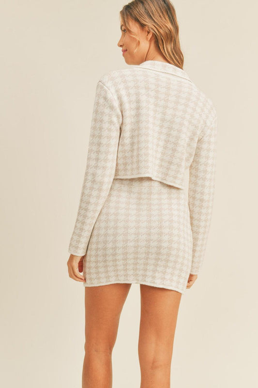 Houndstooth Cropped Knit Cardigan and Mini Skirt Set – Classic Elegance Meets Modern Chic - Znvia
