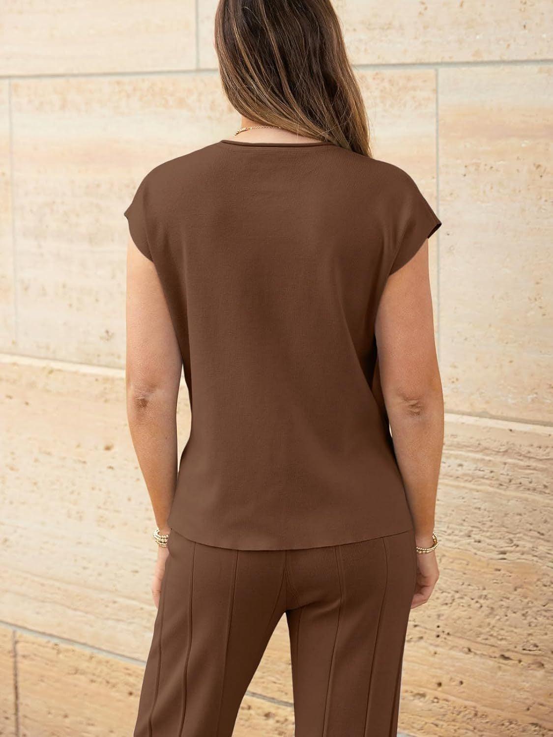 Round Neck Cap Sleeve Top and Pants Knit Set – Effortless Style Meets Supreme Comfort - Znvia