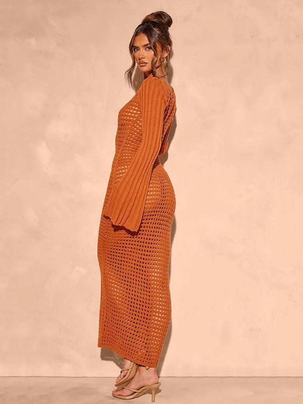 Chic Openwork Square Neck Flare Sleeve Cover-Up Dress, Effortless Style - Znvia