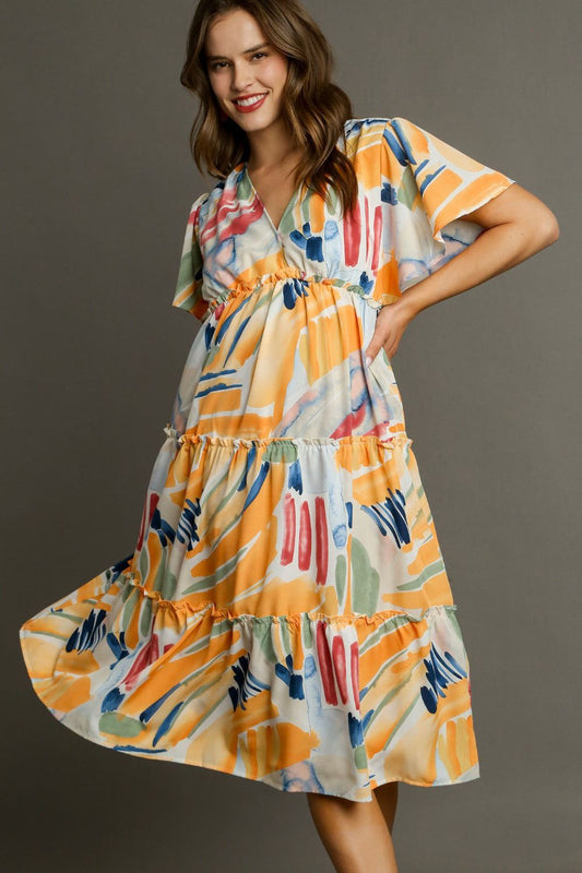 Full Size Abstract Print Flutter Sleeve Frill Tiered Midi Dress – Plus Size - Znvia