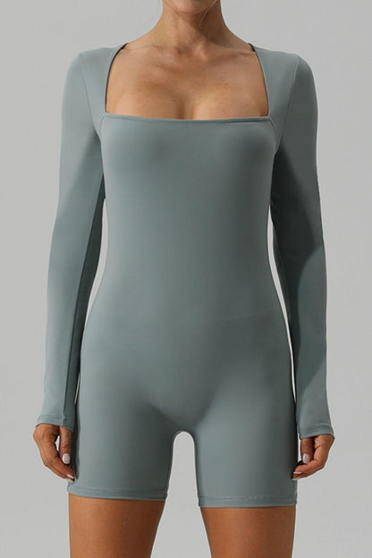 Square Neck Long Sleeve Active Romper - Znvia