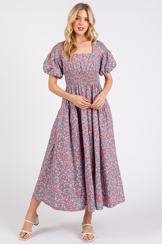 Smocked Floral Square Neck Puff Sleeve Midi Dress - Znvia