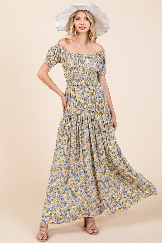 Flower Print Puff Sleeve Gathered Maxi Dress - Znvia