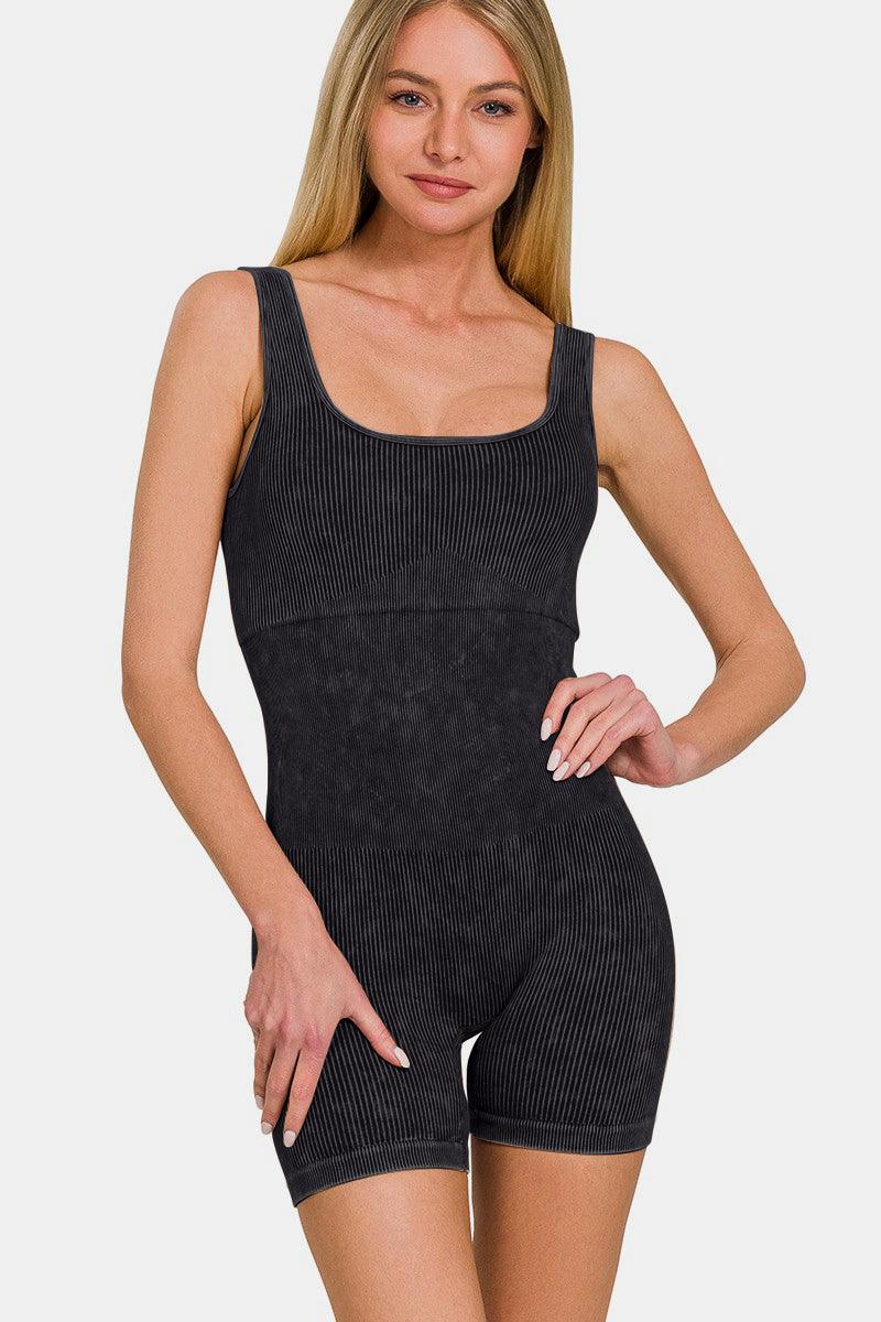 Zenana Washed Ribbed Romper with Pad - Znvia