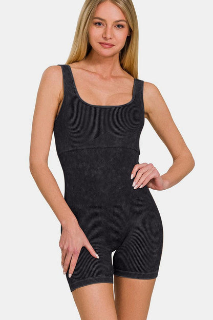 Zenana Washed Ribbed Romper with Pad - Znvia