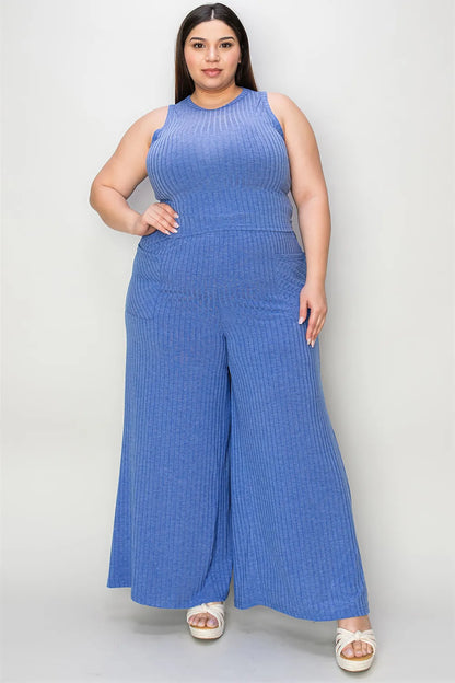 Full Size Ribbed Tank and Wide Leg Pants Set - Znvia