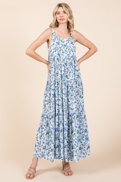 Flower Print Tiered Sleeveless Empire Maxi Dress - Znvia