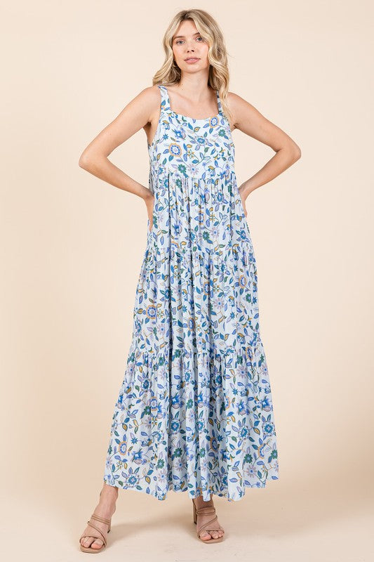 Flower Print Tiered Sleeveless Empire Maxi Dress - Znvia
