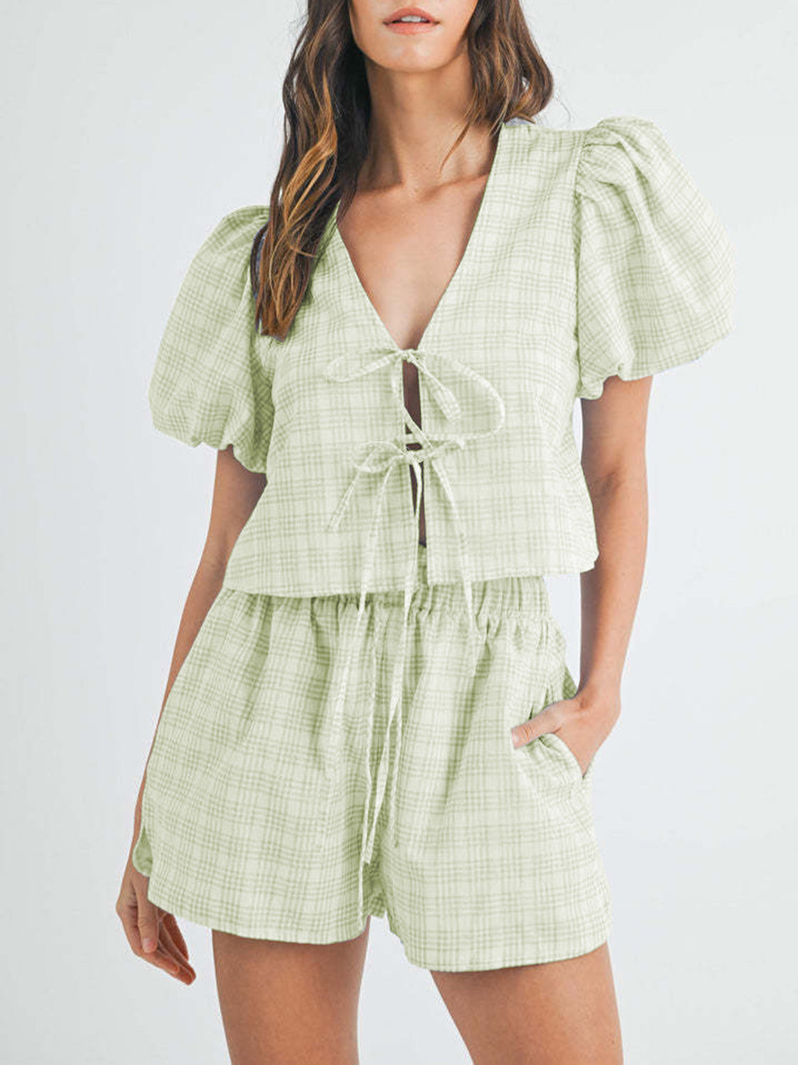 V-Neck Puff Sleeve Top and Shorts Set – Own Your Way - Znvia