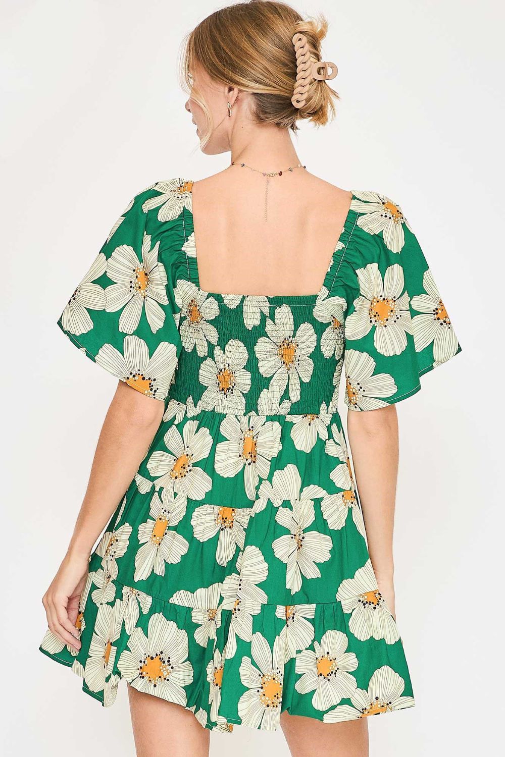 Full Size Daisy Print Mini Dress with Ribbon Details - Znvia