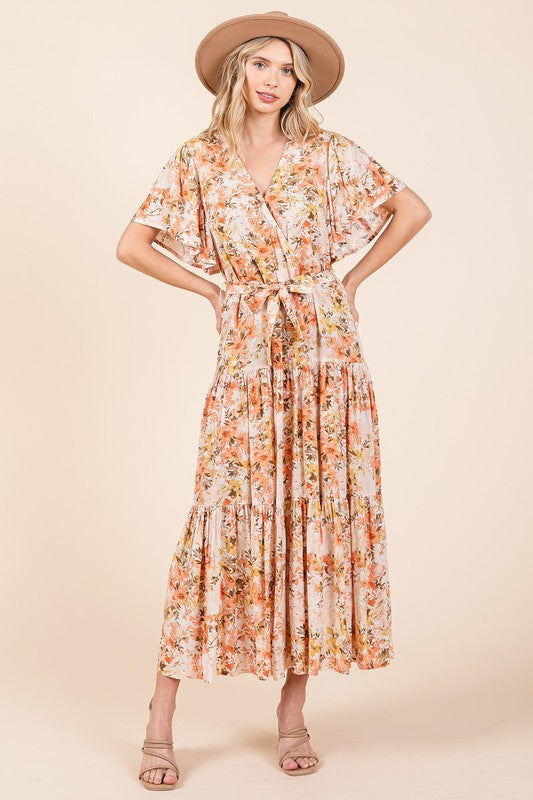 Floral Tie Waist Flutter Sleeve Tiered Dress - Znvia