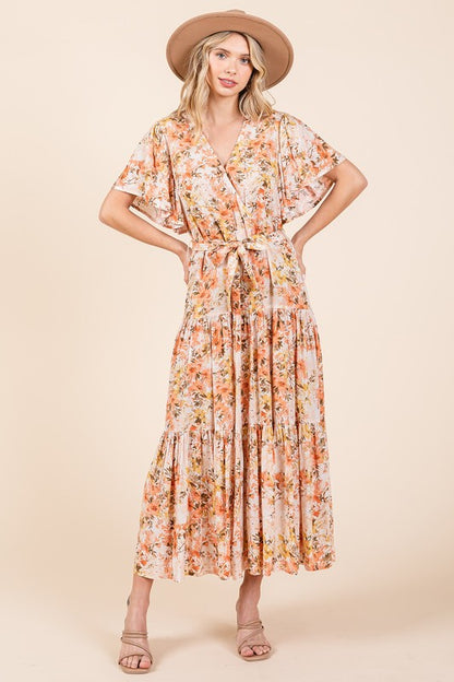 Floral Tie Waist Flutter Sleeve Tiered Dress - Znvia