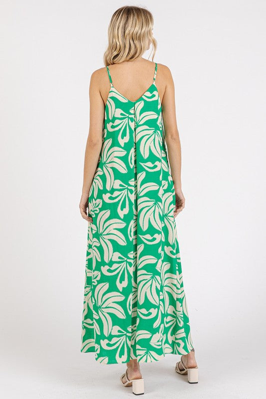 Printed V-Neck Maxi Cami Dress with Pockets - Znvia