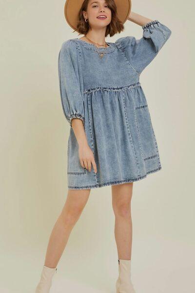 Cutout Round Neck Balloon Sleeve Denim Dress - Znvia