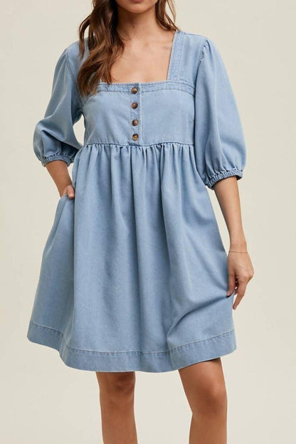 Square Neck Half Sleeve Denim Dress – Effortless Elegance, Timeless Style - Znvia