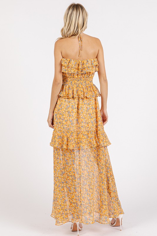 Ruffled Smocked Floral Halter Neck Maxi Dress - Znvia