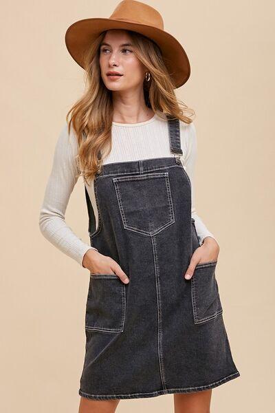 Wide Strap Denim Overall Dress with Pockets - Znvia