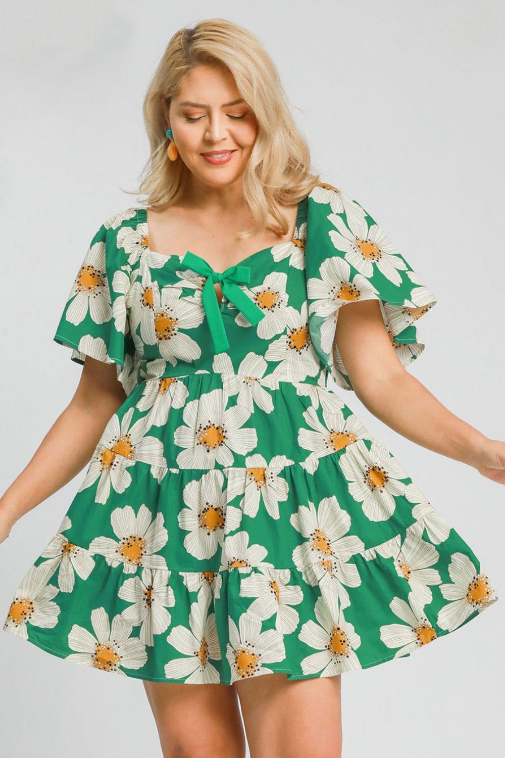 Full Size Daisy Print Mini Dress with Ribbon Details - Znvia