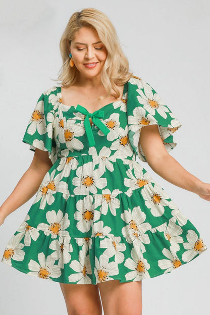 Full Size Daisy Print Mini Dress with Ribbon Details - Znvia
