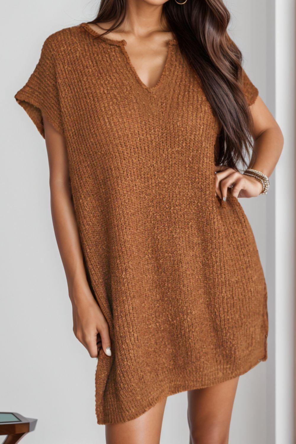 Notched Cap Sleeve Mini Sweater Dress – Effortless Style with Everyday Comfort - Znvia