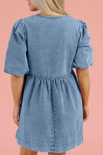 Bowknot Round Neck Half Sleeve Denim Dress – Effortless Elegance with a Chic Touch - Znvia