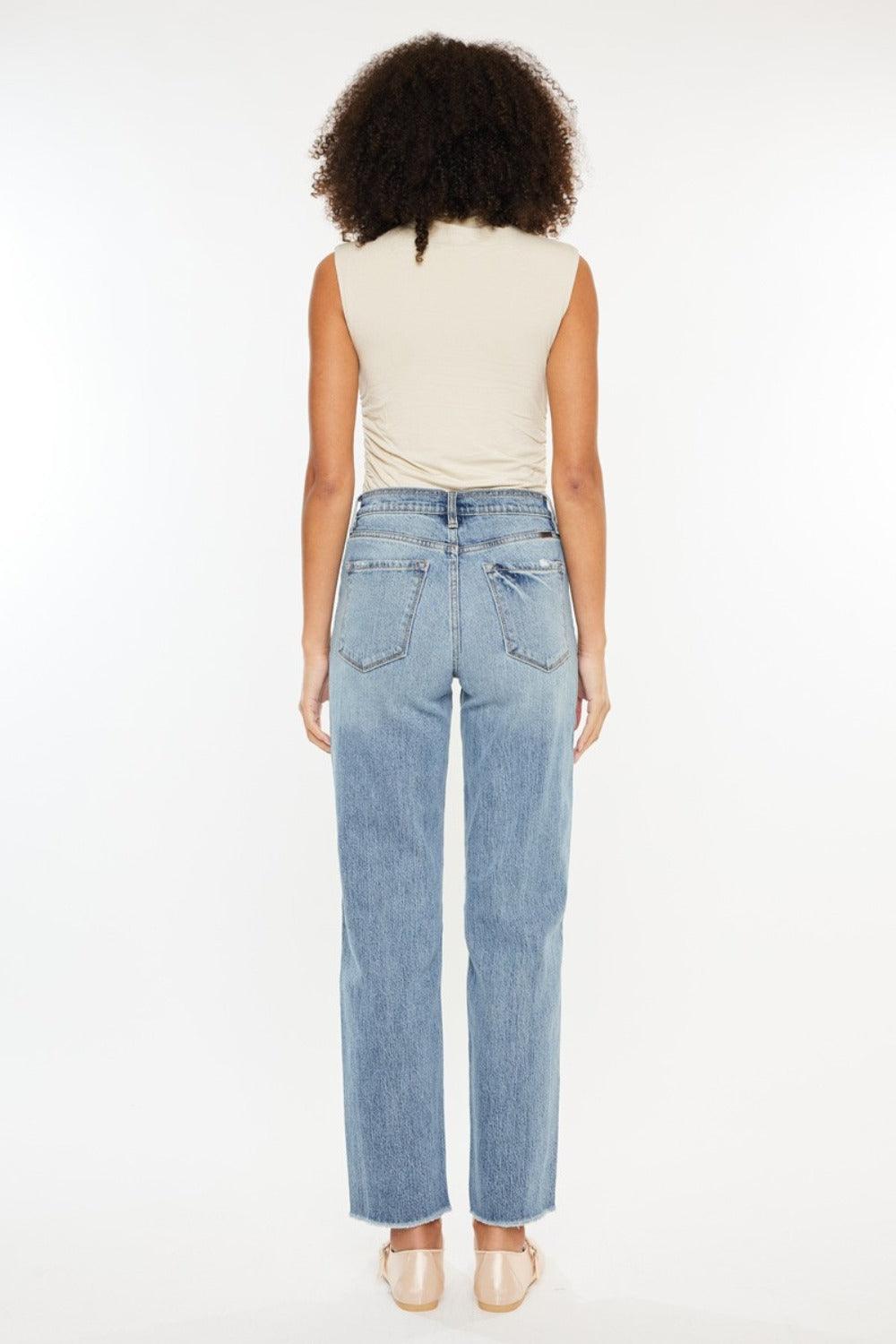 Ultra High Rise Distressed Straight Jeans - Medium Stone Wash - Znvia