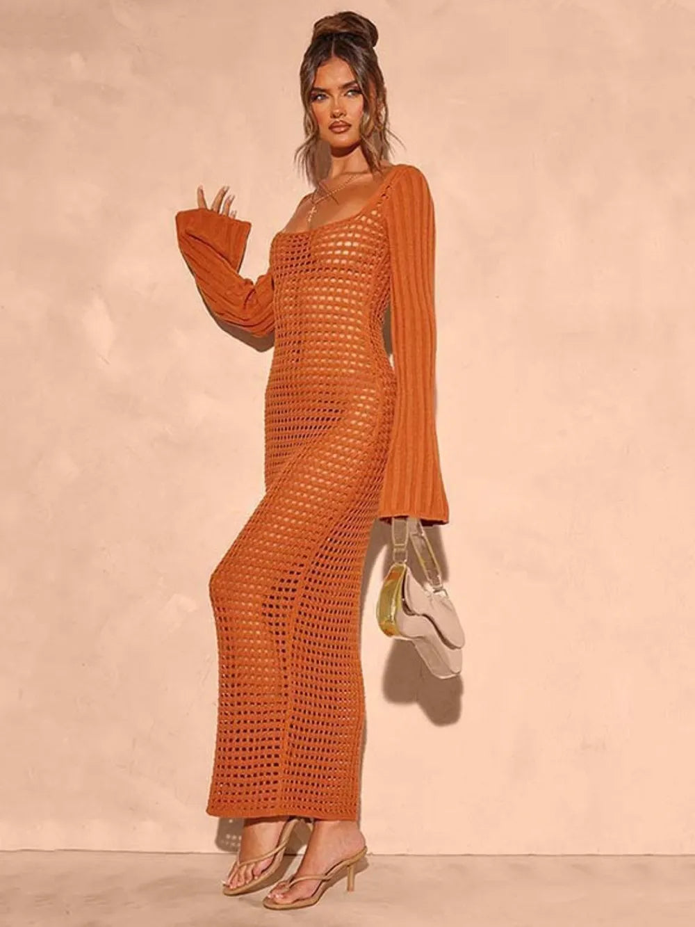 Chic Openwork Square Neck Flare Sleeve Cover-Up Dress, Effortless Style - Znvia