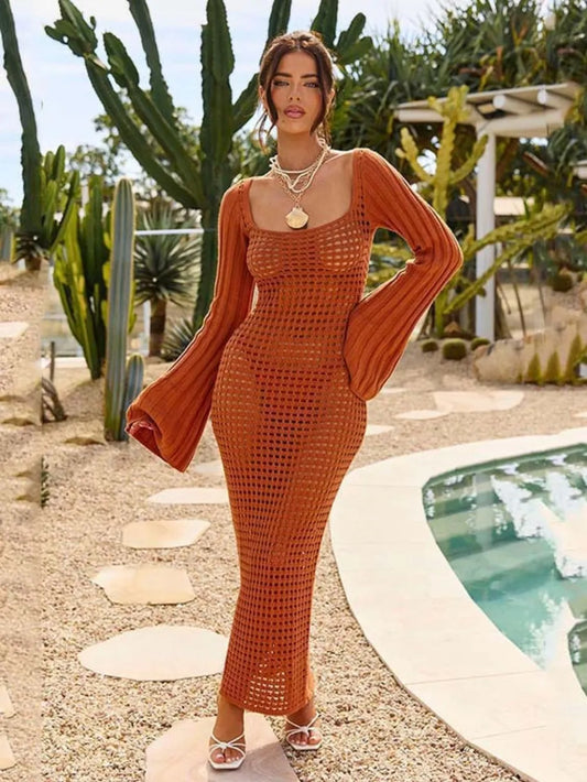 Chic Openwork Square Neck Flare Sleeve Cover-Up Dress, Effortless Style - Znvia