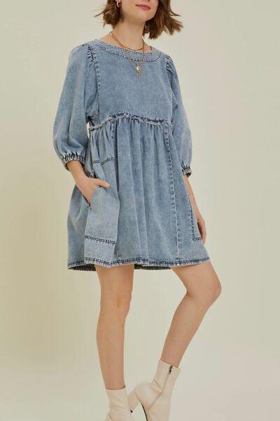 Cutout Round Neck Balloon Sleeve Denim Dress - Znvia