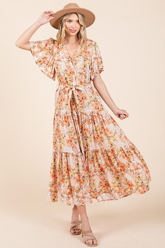 Floral Tie Waist Flutter Sleeve Tiered Dress - Znvia