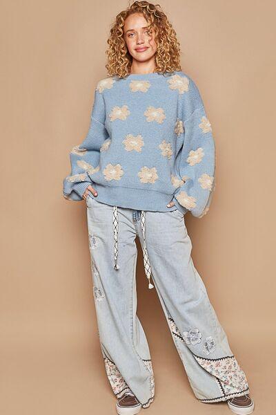 Daisy Pattern Drop Shoulder Sweater - Znvia