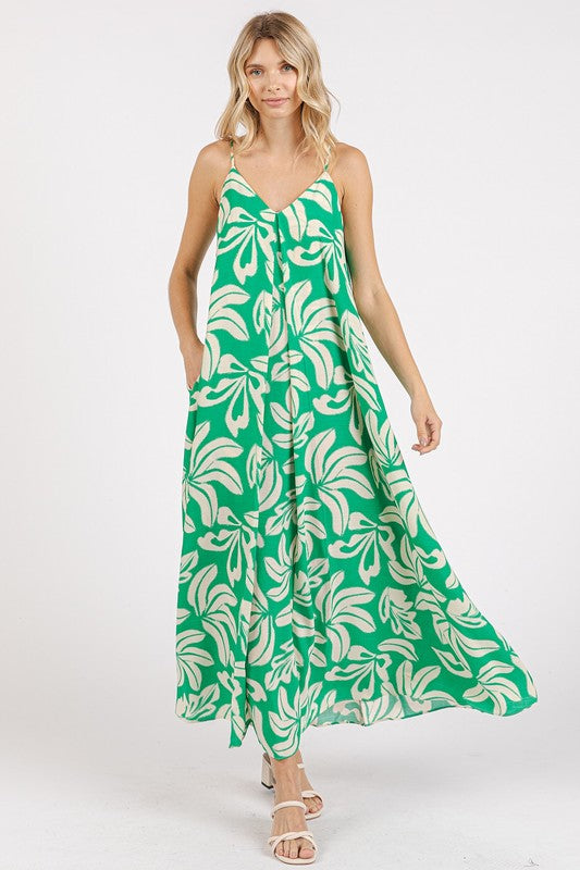 Printed V-Neck Maxi Cami Dress with Pockets - Znvia