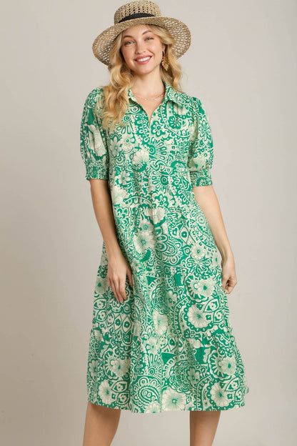 Full Size Printed Smocked Cuff Puff Sleeve Midi Dress Plus Size - Znvia
