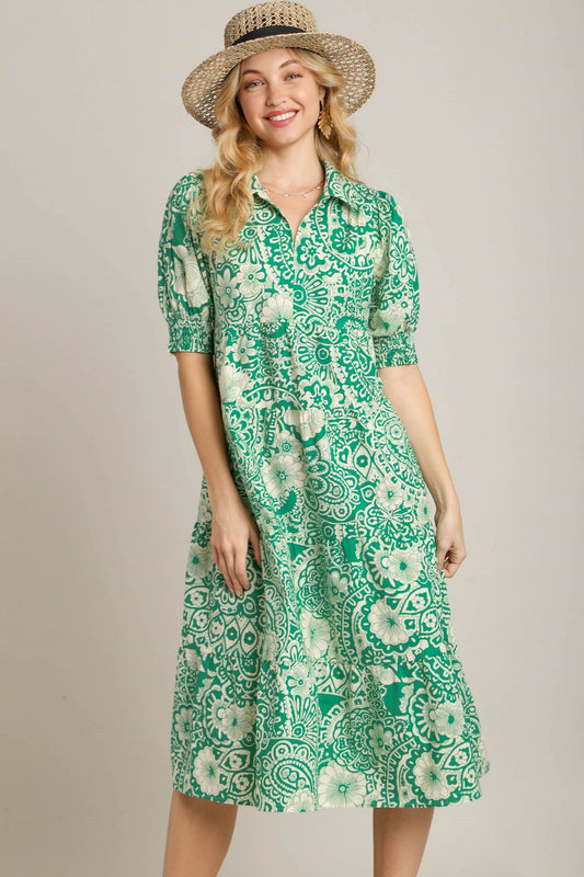 Full Size Printed Smocked Cuff Puff Sleeve Midi Dress Plus Size - Znvia