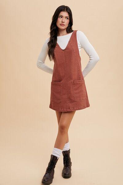 V-Neck Adjustable Strap Denim Overall Dress with Pockets - Znvia