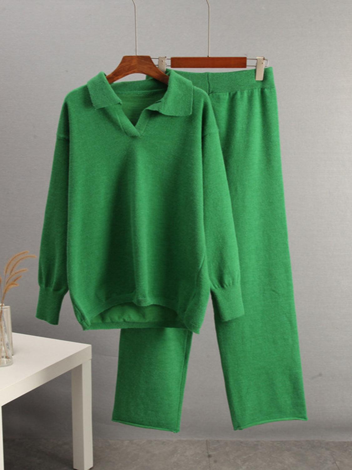 Johnny Collar Long Sleeve Top and Pants Sweater Set – Effortless Style and Comfort - Znvia