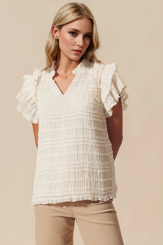 Full Size Frill Notched Flounce Sleeve Blouse - Znvia